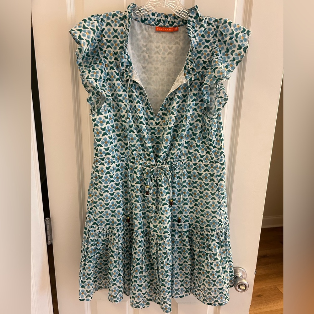 Oliphant Cinched Flirty Short - blue and gold flower pattern, size M